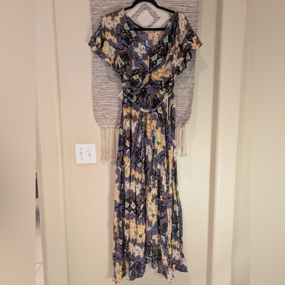 Abel the Label Yellow Ruched V-Neck Flutter Sleeve Sundress Anthropologie